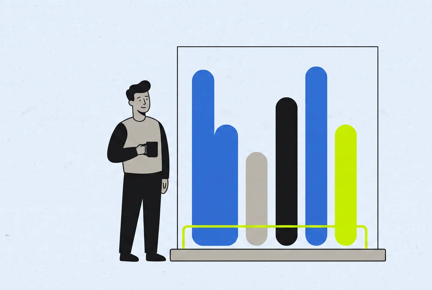 Illustration: a person with a mug reviewing a simple bar chart, one bar highlighted