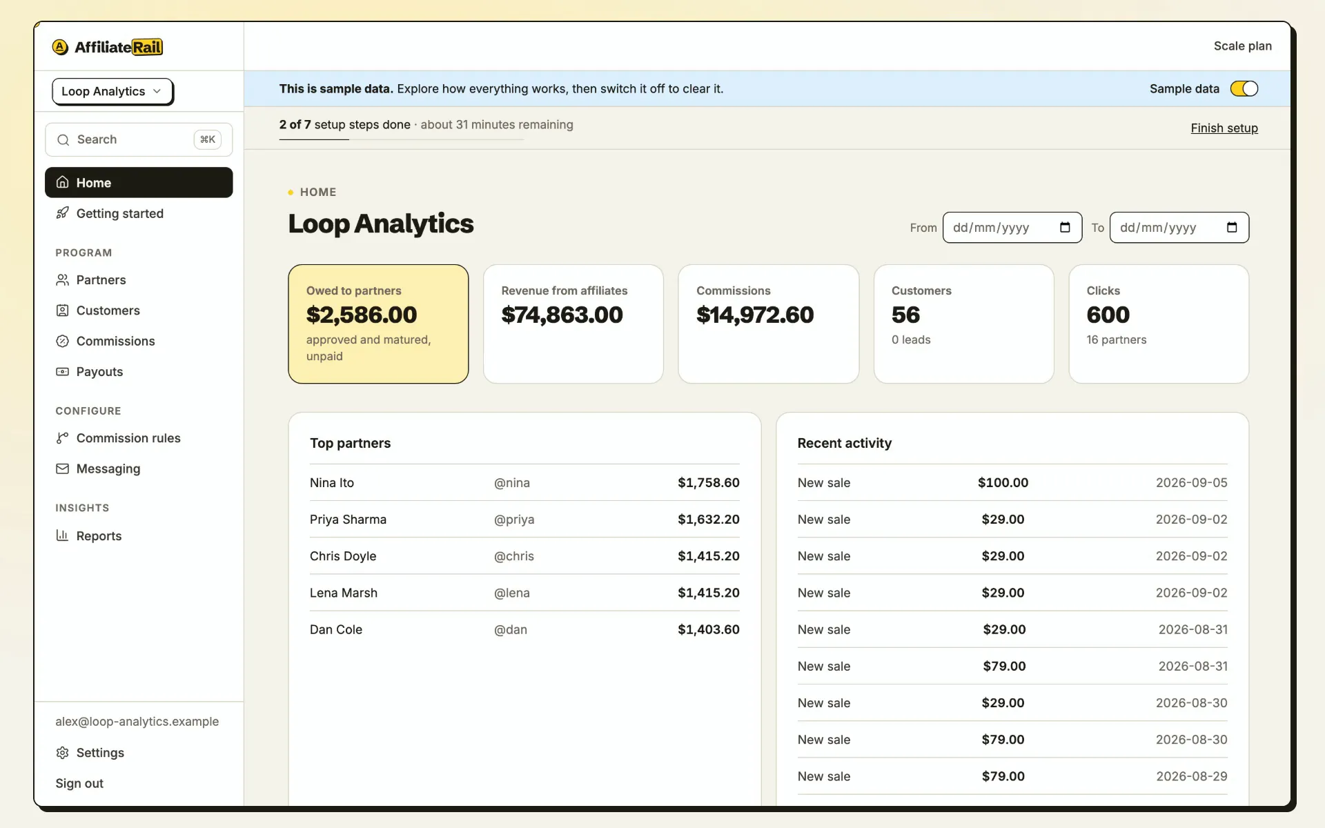 The AffiliateRail app: the dashboard, then partners, commissions, payouts, commission rules and reports, one screen after another