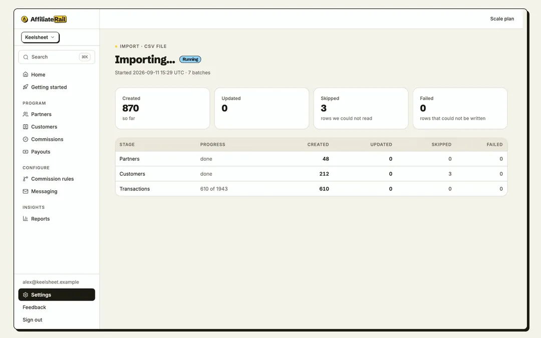 The import screen: affiliates and balances brought across from another platform