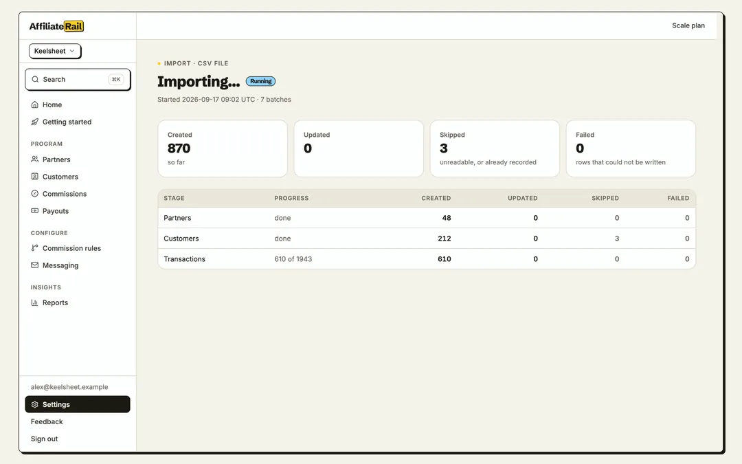 The import screen: affiliates and balances brought across from another platform