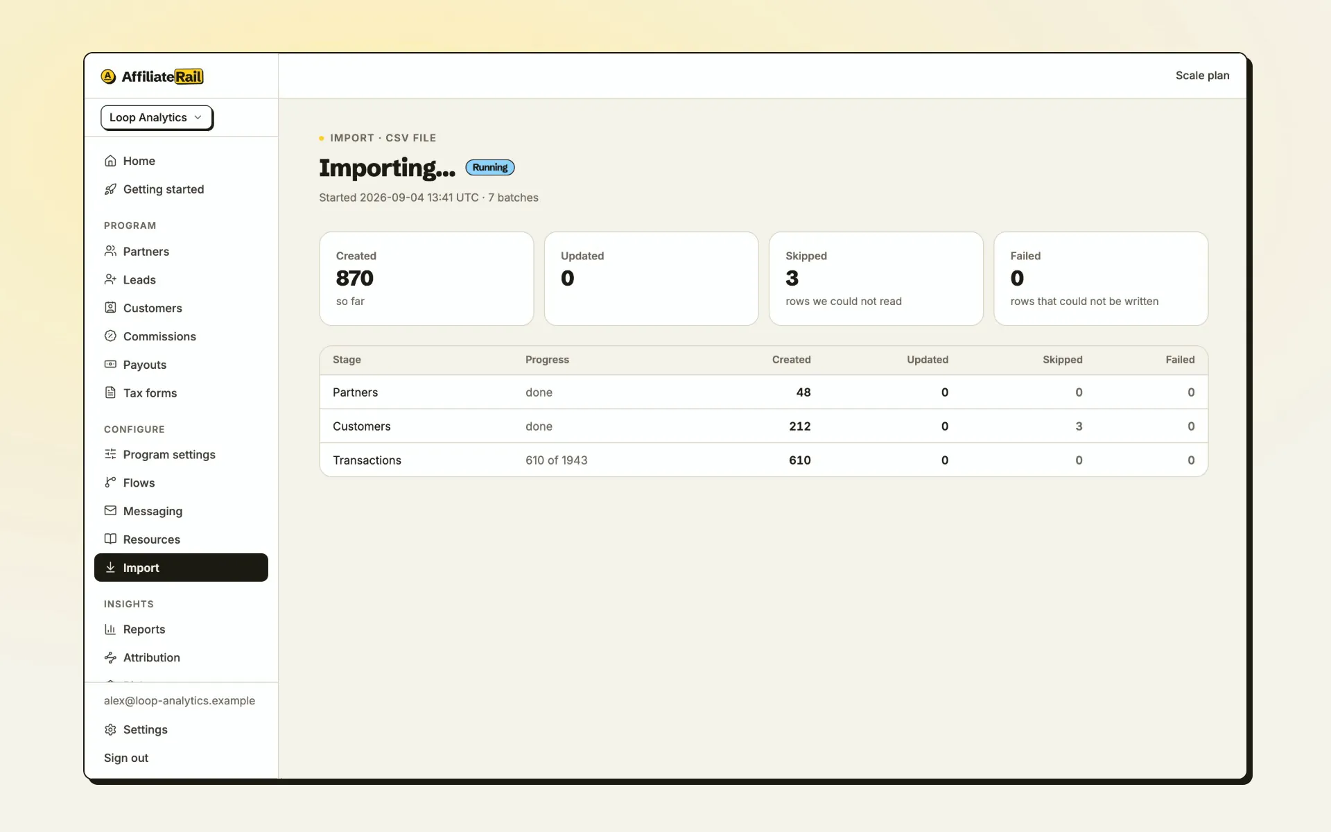 The import screen reporting its counts: partners, customers and transactions created, updated, skipped and failed, stage by stage, then marked Imported