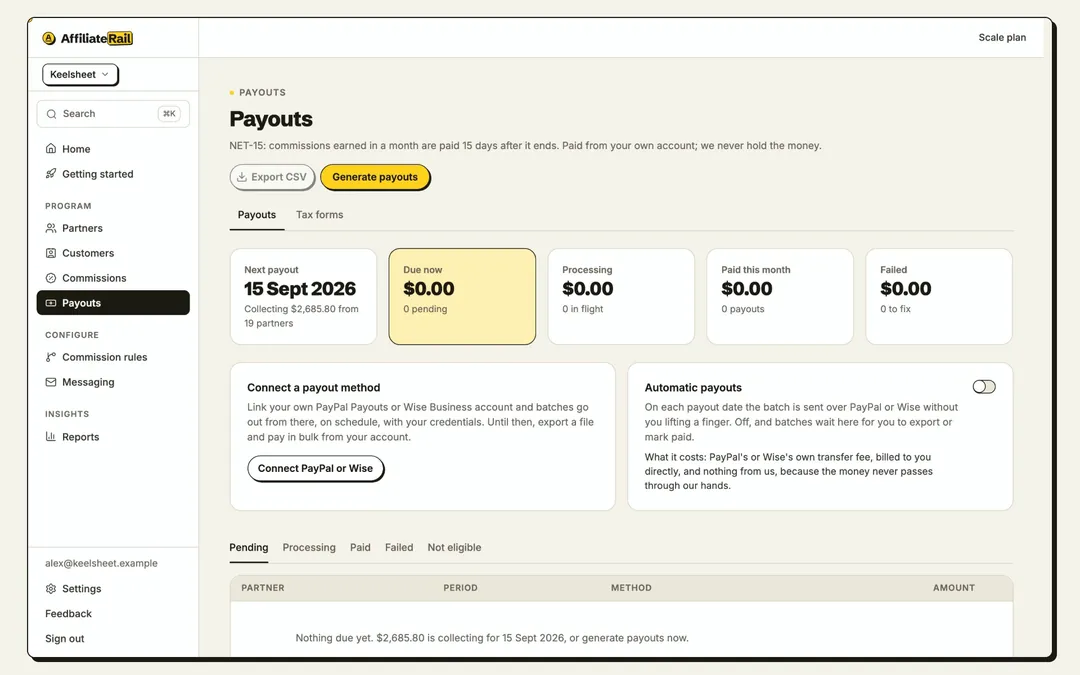 The payouts screen: affiliates over the threshold, gathered into one run and paid from your own account