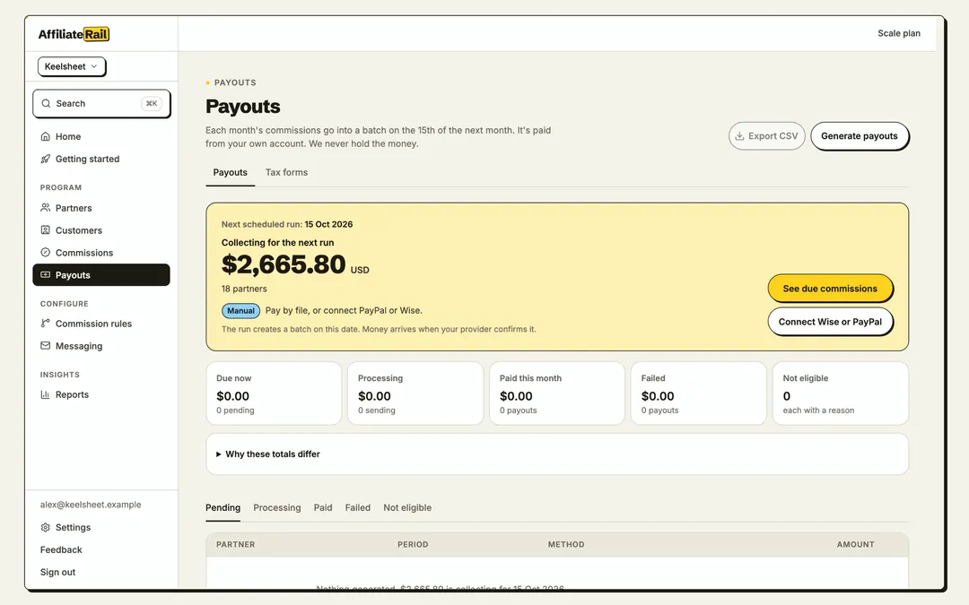 The payouts screen: affiliates over the threshold, gathered into one run and paid from your own account