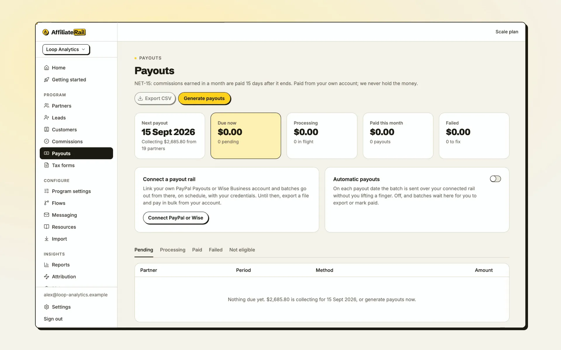 The AffiliateRail payouts screen: a batch generated from what is due, five pending payouts through the merchant's own PayPal account, one marked paid