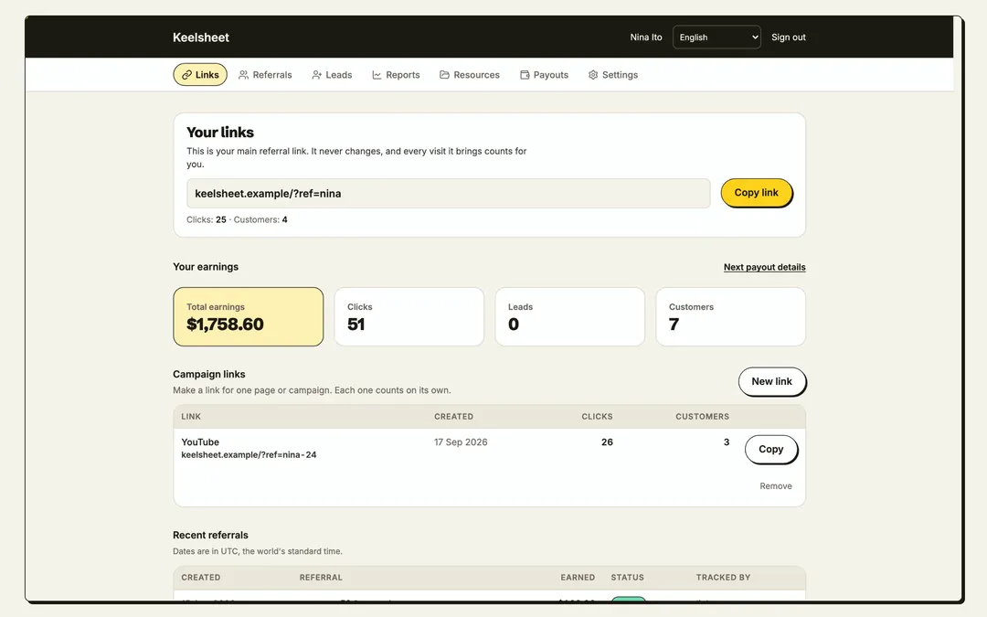 The affiliate portal on the merchant's own brand: total earnings, clicks, leads and customers, the referral link copied with one click, and a table of recent referrals