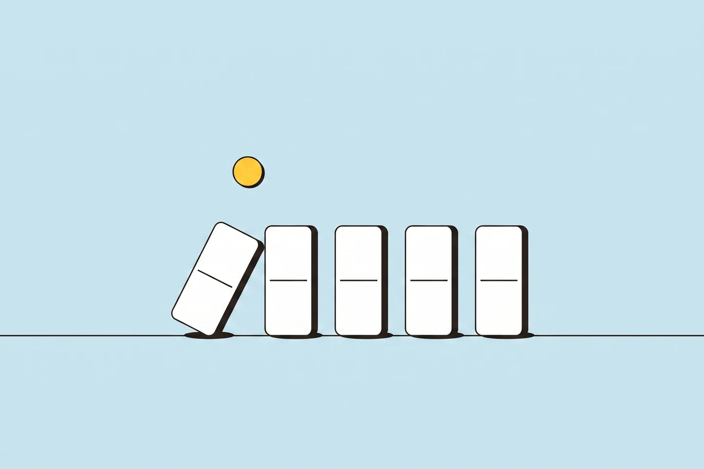 Illustration: a row of blank dominoes with the first one caught mid-tip, a sun-yellow dot above it
