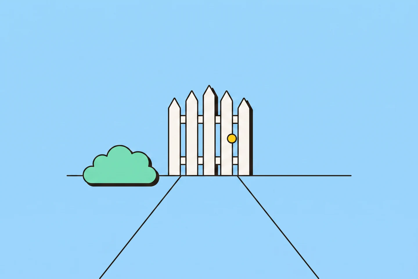 Illustration: a closed white garden gate with a sun-yellow latch at the end of a straight path, a mint bush beside it