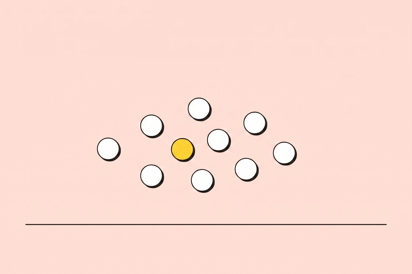 Illustration: ten small circles in a loose cluster, nine white and one sun-yellow