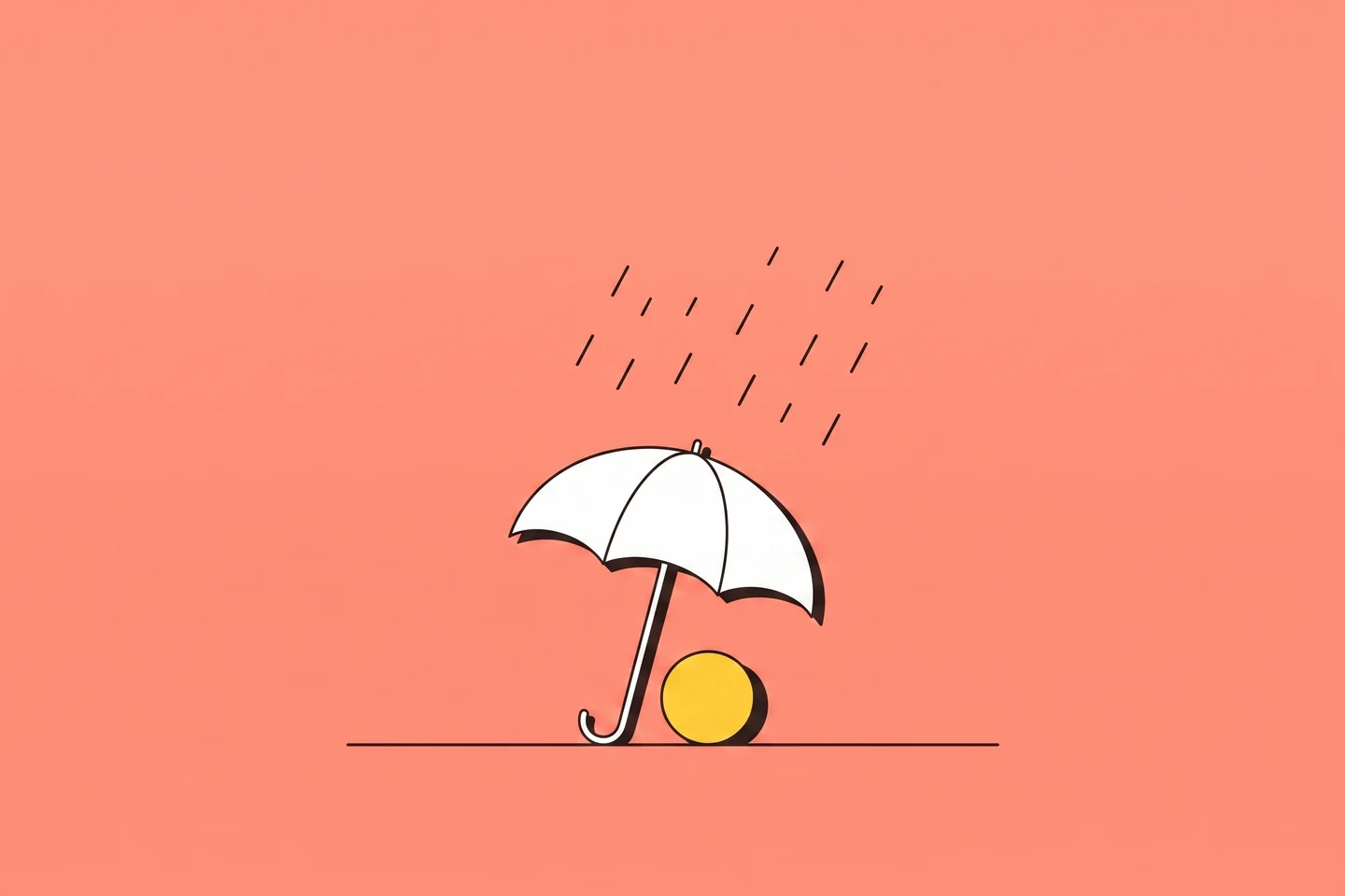 Illustration: a white umbrella sheltering a sun-yellow coin from ink rain dashes