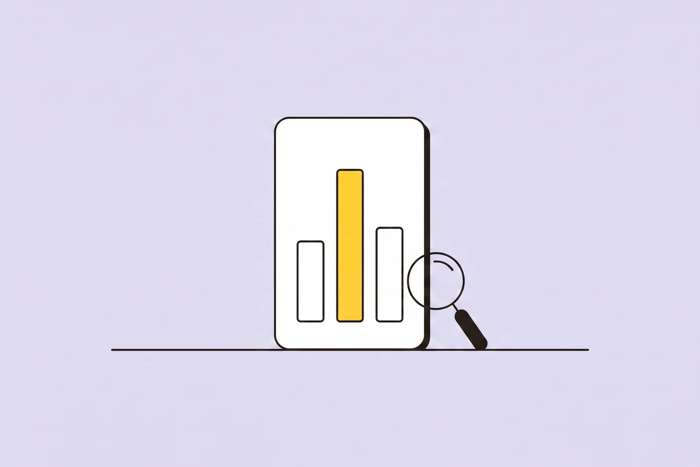 Illustration: a white card with three flat bars, one sun-yellow, and a small magnifying glass leaning against it