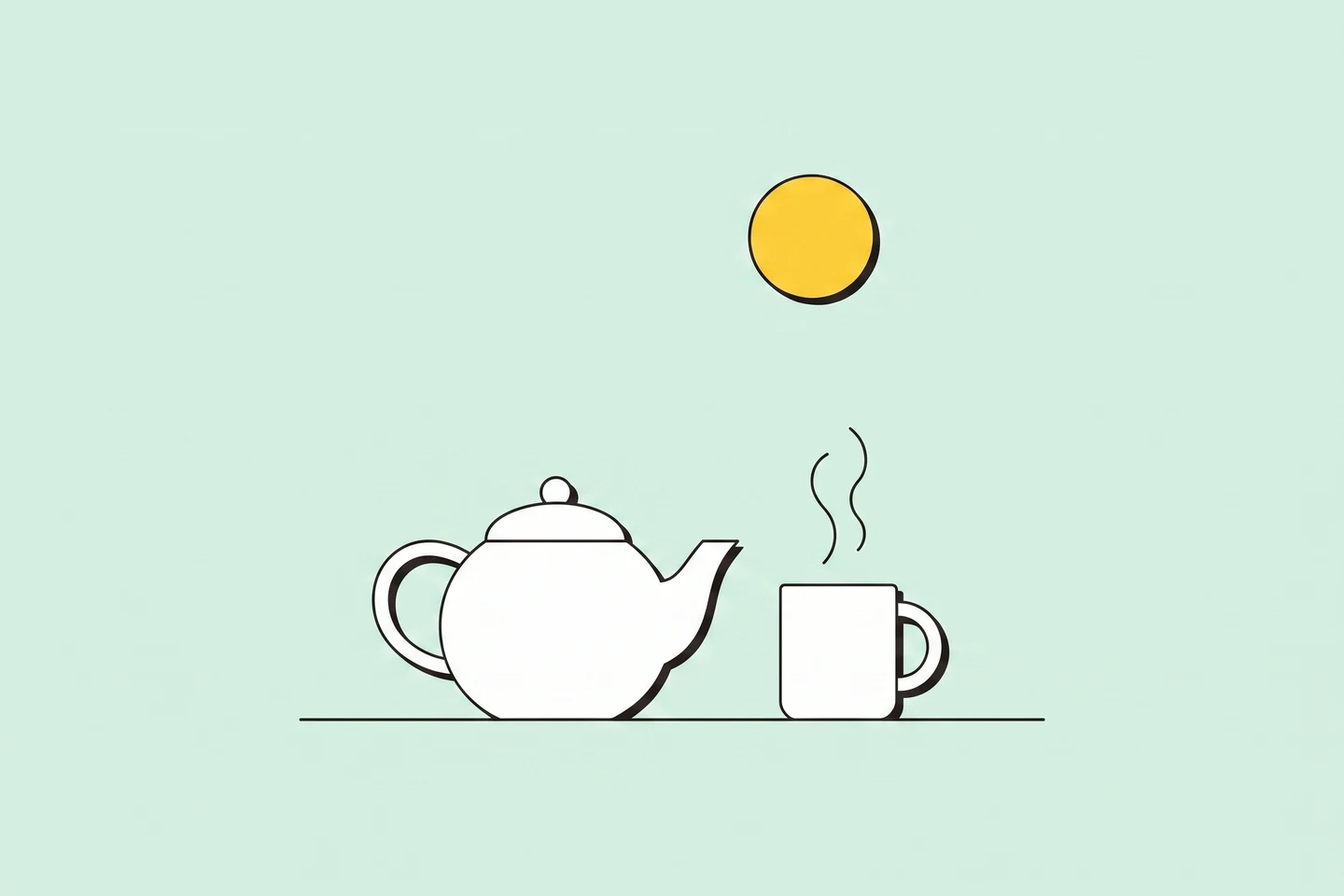 Illustration: a white teapot beside a steaming mug under a calm sun-yellow disc