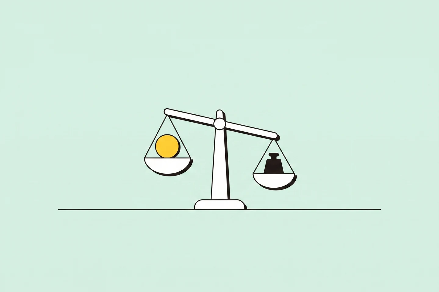 Illustration: a balance scale tipping gently toward a sun-yellow coin on one pan, a small ink weight on the other