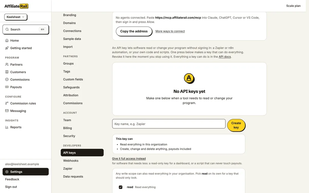 The AffiliateRail API keys screen, with a key and its scope picker open