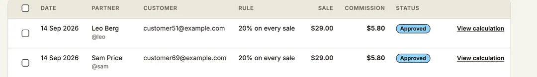 The commissions table: three rows with a date, partner, customer, the rule that priced them, the sale amount, the commission and a status of due, pending or approved