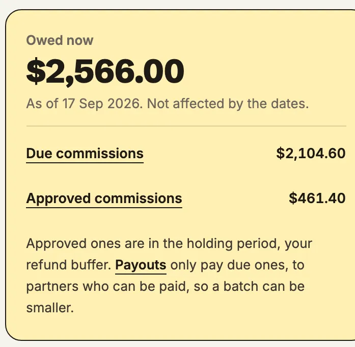 The owed to partners card on the home screen: $2,586.00, approved and matured, unpaid
