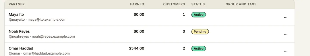 The partners table: two partners with their handle, group, tags, earnings, customer count and a status of pending or active