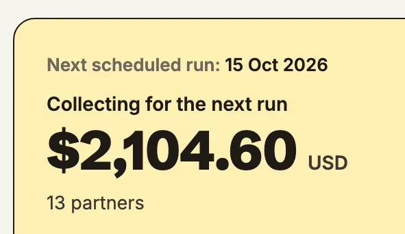 The next payout card on the payouts screen: 15 Sept 2026, collecting $2,124.60 from 14 partners
