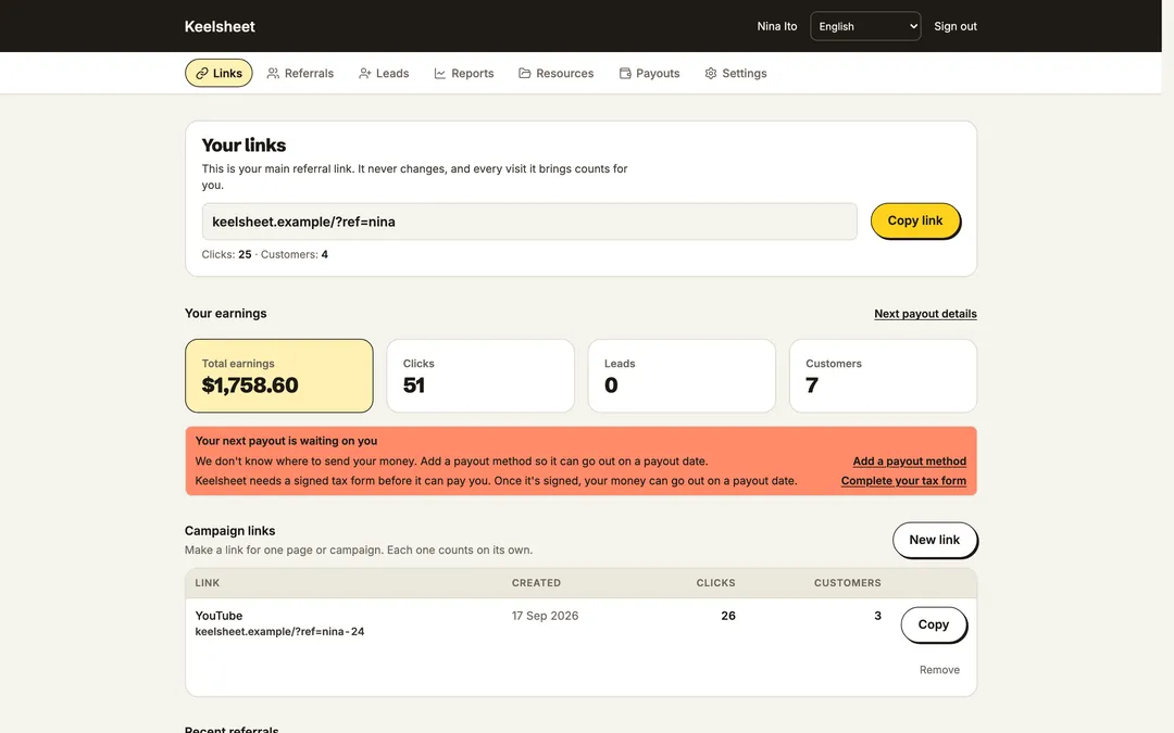 The affiliate portal home: earnings, clicks, leads and customers, the referral link with a copy button, and recent referrals with their status