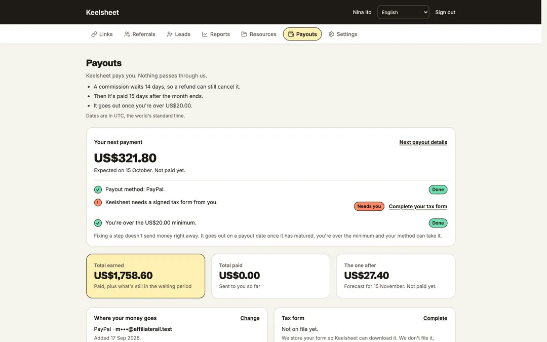 The affiliate's payouts view: total earned, total paid, the next payout and its date, the one after, and where the money goes