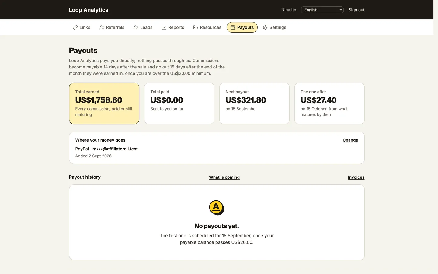 The partner portal's payouts view: the amount due, the amount paid, the next payout date, and where the money goes