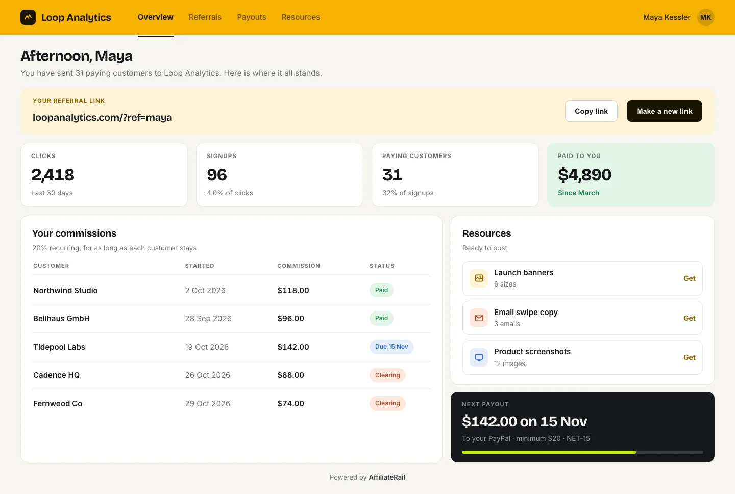 The affiliate portal on the merchant's own brand: referral link, clicks, signups, paying customers, amount paid, a commission table and the next payout date