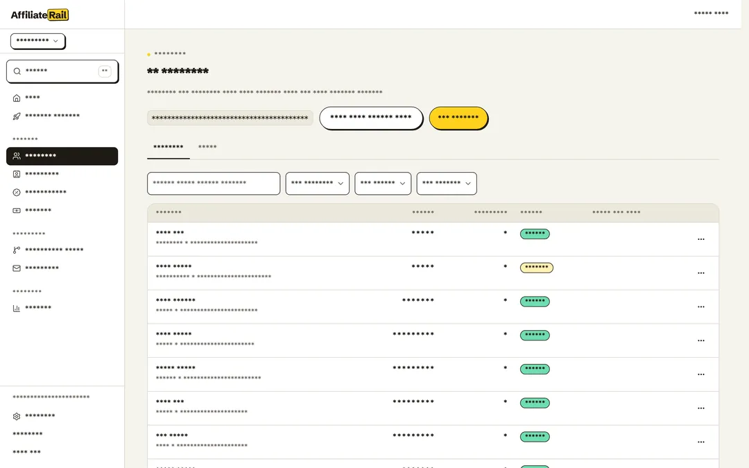 The Partners screen as a session recording holds it: every text node and every input replaced by asterisks before the frame leaves the browser, with only the layout, the buttons and the status chips still readable