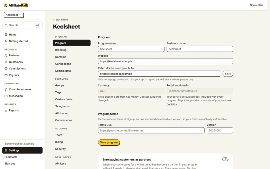 Program settings: the program name, your website, where referral links send people, and your portal address